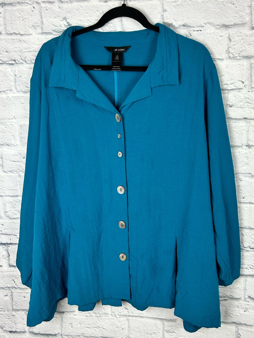 Ali Miles 2X Teal Button Front Blouse Jacket Plus Size Swing Top Rayon Blend